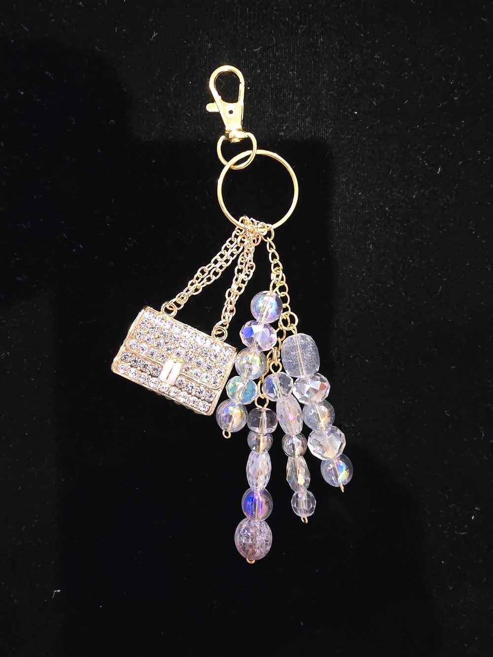 Gold Crystal Purse Charm Keychain with Iridescent Bead Tassels